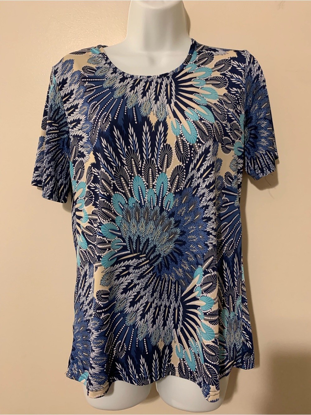 Navy & Teal Floral Short Sleeve Scoop-Neck Blouse
